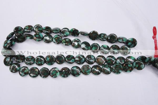 CGO141 15.5 inches 14mm flat round gold green color stone beads