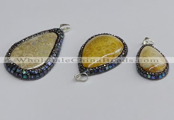 CGP3415 22*35mm - 35*50mm flat teardrop fossil coral pendants