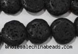 CLV498 15.5 inches 16mm flat round black lava beads wholesale