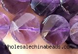 CNA1109 15.5 inches 10mm twisted & faceted coin amethyst beads