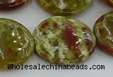 CNS628 15.5 inches 30mm flat round green dragon serpentine jasper beads