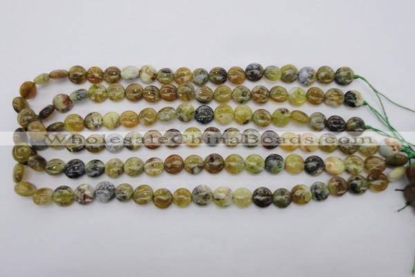 COP567 15.5 inches 10mm flat round natural yellow & green opal beads