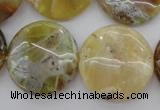 COP596 15.5 inches 25mm flat round natural yellow & green opal beads