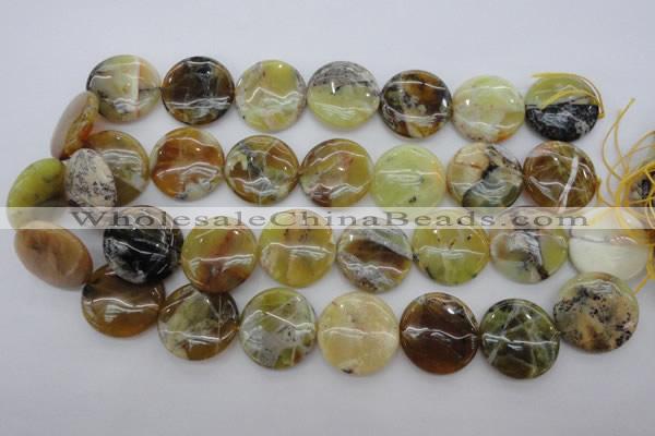 COP596 15.5 inches 25mm flat round natural yellow & green opal beads