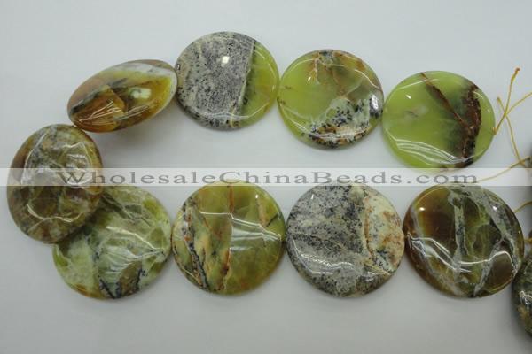 COP598 15.5 inches 45mm flat round natural yellow & green opal beads