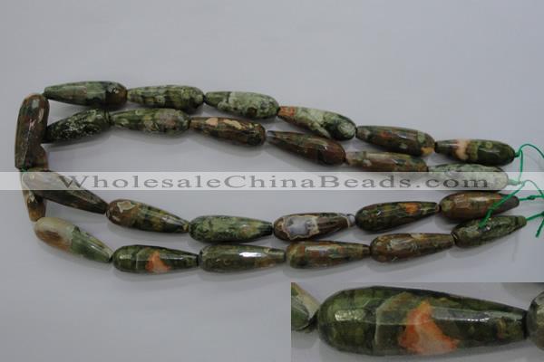 CPS133 15.5 inches 10*30mm faceted teardrop green peacock stone beads