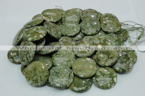 CPS40 15.5 inches 30mm flat round green peacock stone beads