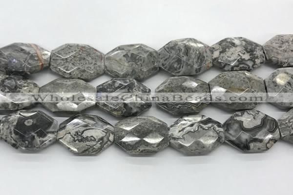 CPT581 20*30mm - 22*32mm faceted octagonal grey picture jasper beads