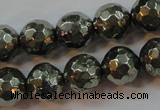 CPY107 15.5 inches 8mm faceted round pyrite gemstone beads wholesale