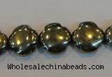 CPY163 15.5 inches 15mm carved flower pyrite gemstone beads wholesale