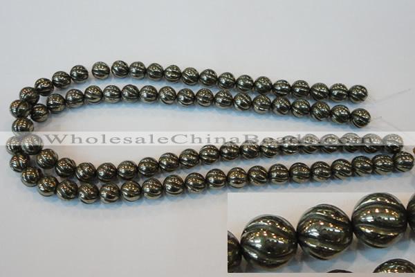 CPY75 15.5 inches 10mm carved round pyrite gemstone beads wholesale