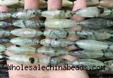 CRI133 15.5 inches 10*30mm faceted rice green rutilated quartz beads