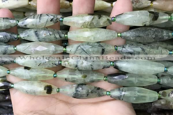 CRI133 15.5 inches 10*30mm faceted rice green rutilated quartz beads