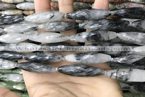 CRI155 15.5 inches 10*38mm faceted rice black rutilated quartz beads