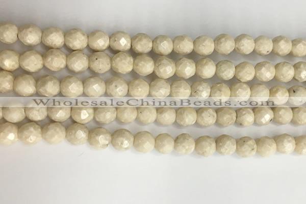 CRJ627 15.5 inches 6mm faceted round white fossil jasper beads