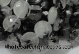 CRU03 15.5 inches 12mm faceted flat round black rutilated quartz beads