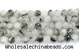 CRU1093 15.5 inches 10mm faceted round black rutilated quartz gemstone beads