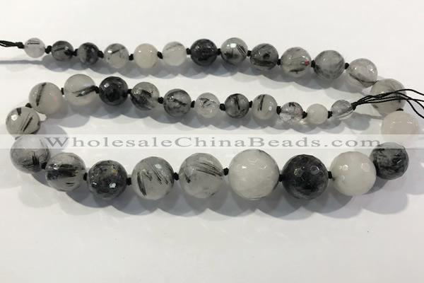 CRU938 8mm - 18mm faceted round black rutilated quartz graduated beads