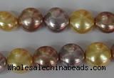 CSB186 15.5 inches 12mm flat round mixed color shell pearl beads