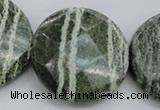 CSJ125 15.5 inches 40mm faceted coin green silver line jasper beads