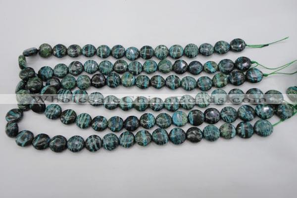 CSJ215 15.5 inches 12mm flat round dyed green silver line jasper beads