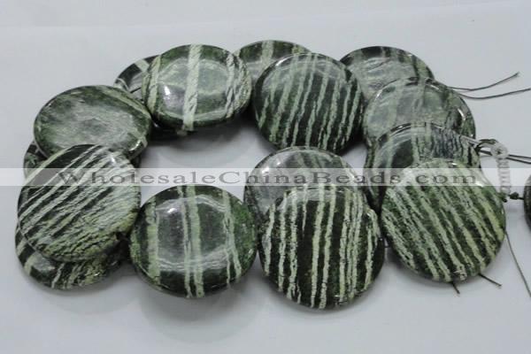 CSJ49 15.5 inches 50mm flat round green silver line jasper beads