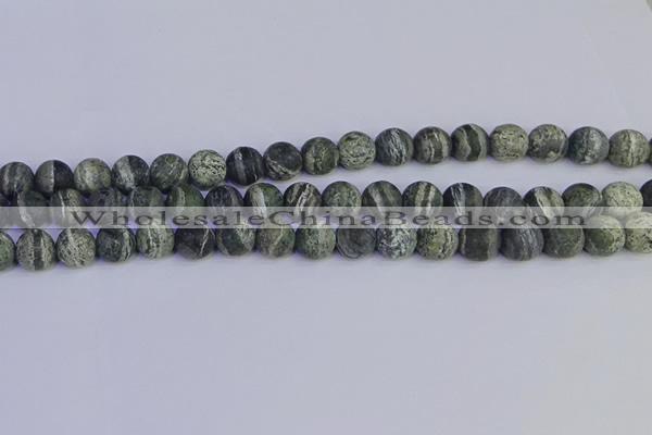 CSJ503 15.5 inches 10mm round matte green silver line jasper beads