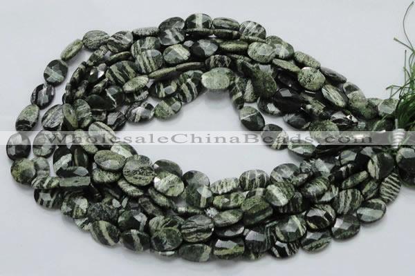 CSJ78 15.5 inches 12*16mm faceted oval green silver line jasper beads