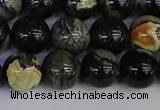 CSL214 15.5 inches 12mm round black silver leaf jasper beads