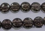 CSQ124 12mm faceted flat round grade AA natural smoky quartz beads