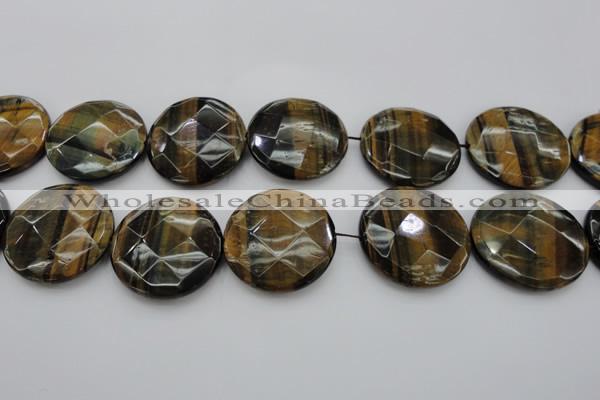 CTE1360 15.5 inches 40mm faceted coin yellow & blue tiger eye beads