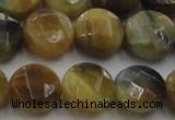 CTE1575 15.5 inches 14mm faceted coin golden & blue tiger eye beads