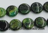 CTP08 15.5 inches 14mm flat round yellow green pine gemstone beads