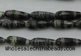 CTR10 15.5 inches 6*16mm faceted teardrop green silver line jasper beads