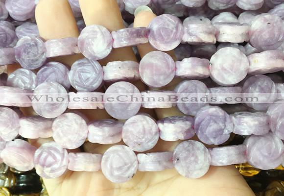 FGBS143 15 inches 14mm carved rose flower lepidolite beads