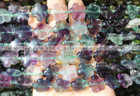 FGBS172 15 inches 15mm carved five petal flower rainbow fluorite beads wholesale