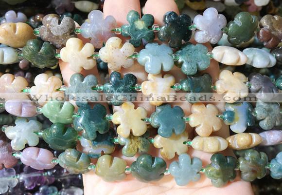 FGBS174 15 inches 15mm carved five petal flower indian agate beads wholesale