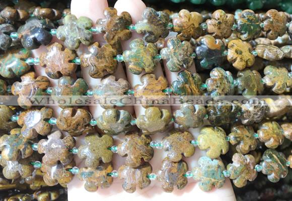 FGBS185 15 inches 15mm carved five petal flower green opal beads wholesale