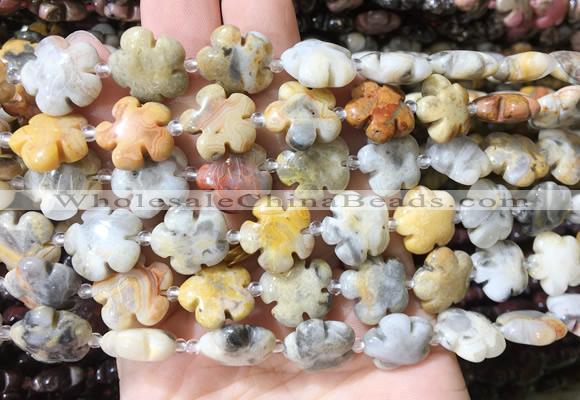 FGBS188 15 inches 15mm carved five petal flower yellow crazy agate beads wholesale