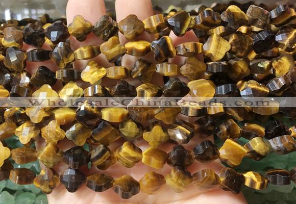 FGBS228 15 inches 10mm faceted four leaf clover yellow tiger eye beads wholesale