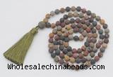 GMN1009 Hand-knotted 8mm, 10mm matte picasso jasper 108 beads mala necklaces with tassel