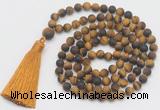 GMN1032 Hand-knotted 8mm, 10mm matte yellow tiger eye 108 beads mala necklace with tassel