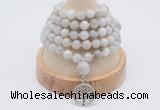 GMN1183 Hand-knotted 8mm, 10mm white crazy agate 108 beads mala necklaces with charm