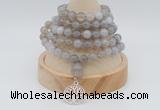 GMN1189 Hand-knotted 8mm, 10mm grey banded agate 108 beads mala necklaces with charm