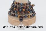 GMN1225 Hand-knotted 8mm, 10mm colorfull tiger eye 108 beads mala necklaces with charm