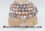 GMN1262 Hand-knotted 8mm, 10mm pink zebra jasper 108 beads mala necklaces with charm