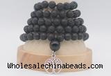 GMN1275 Hand-knotted 8mm, 10mm black lava 108 beads mala necklaces with charm