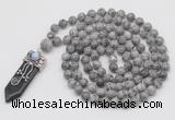 GMN1444 Hand-knotted 8mm, 10mm grey picture jasper 108 beads mala necklace with pendant