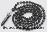 GMN1475 Hand-knotted 8mm, 10mm golden obsidian 108 beads mala necklace with pendant