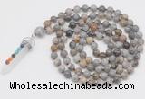 GMN1523 Hand-knotted 8mm, 10mm silver needle agate 108 beads mala necklace with pendant